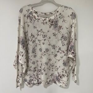 Anna Melani Floral‎ Knit Batwing Sweater Womens Large Cream Purple | Cottagecore